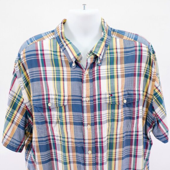Tommy Hilfiger Plaid Short Sleeve Plaid Button Down 2XL Blue White Green Yellow - Picture 1 of 11